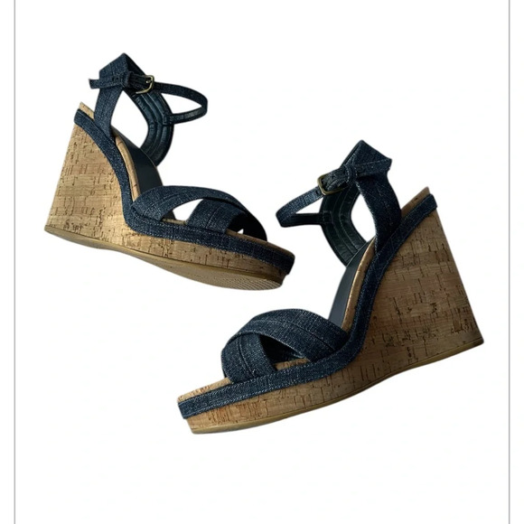 Stuart Weitzman Minx $425. cork platform wedge denim excellent Size 9.5 - Picture 7 of 13